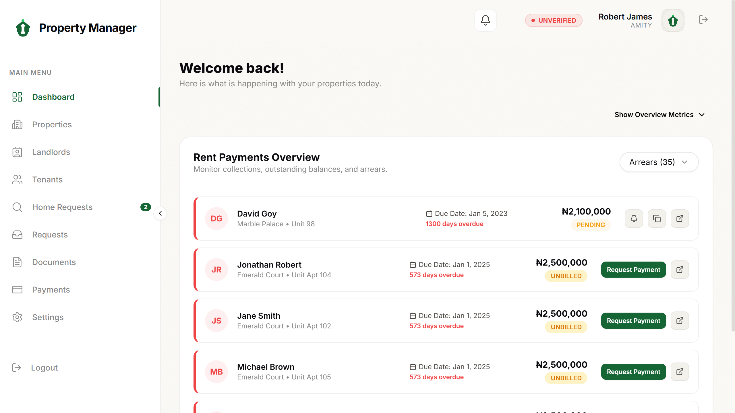 Upward PM Dashboard — Rent Payments Overview